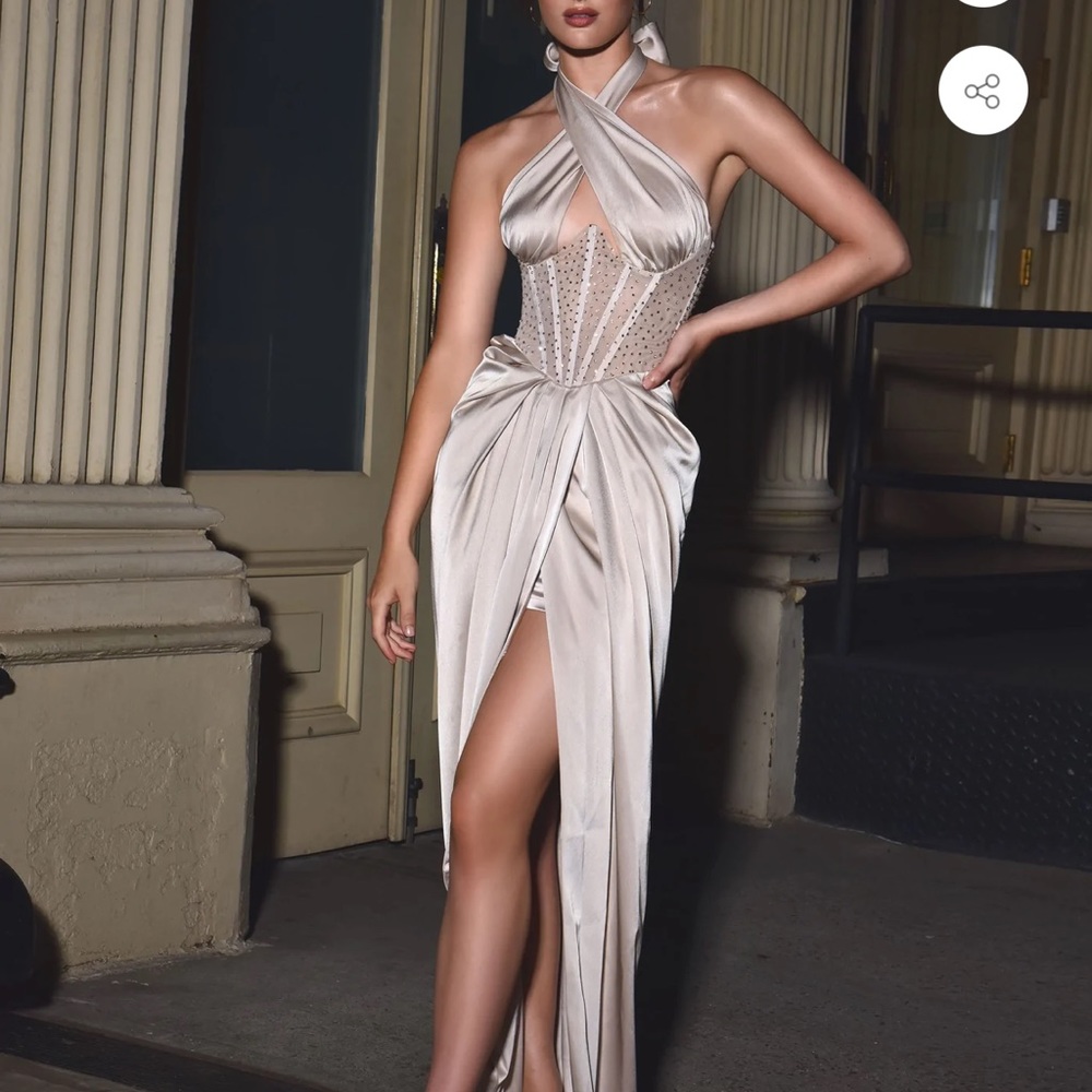 Elegant Champagne Maxi Dress with Crystal Bodice